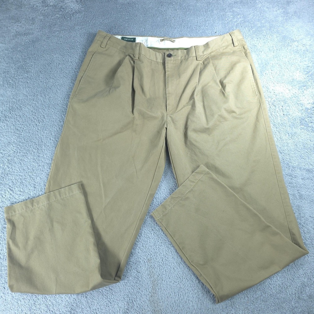 Orvis Pants Mens 44x31 Beige Khaki Pleated Relaxed Fit Casual Workwear Cotton